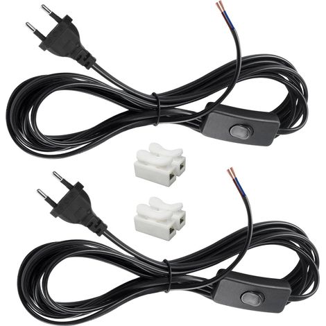 2 Pieces Cord with Switch 3M Connection Cable with Euro Plug 2 x 0.5 mm², 2 x Connection Cables with Switch for Lights, Lamps, Floor Lamps (Black)