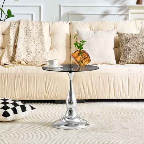 Mesa auxiliar redonda vidro moderna Kérian, mesa centro elegante vidro temperado base estável, mesa compacta para sala quarto, apenas mesa (1/5)