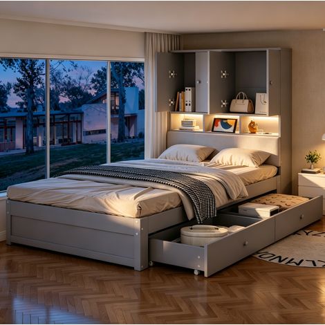 Einzelbett 90x200 cm aus Holz Grau mit Stauraum für kleine Räume, ohne Matratze – MEUBLIV (1/5)