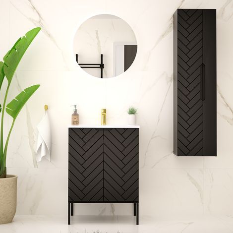 Ensemble meuble simple vasque encastrée 60cm 2 portes sur pieds et colonne Daria Noir