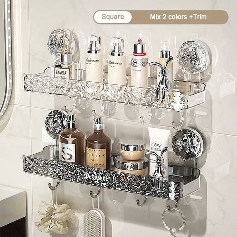 (Mix 4-M) Étagère de rangement de salle de bain transparente et légère, fixation murale luxueuse, non perforée, ventouses puissantes (1/5)