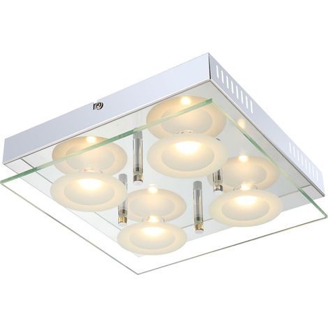 Deckenlampe Deckenleuchte Wohnzimmerleuchte Esszimmerlampe Glaslampe, 4 Flammig Glasplatte Chrom, LED 5W 1440Lm warmweiß, LxBxH 25x25x6,5cm
