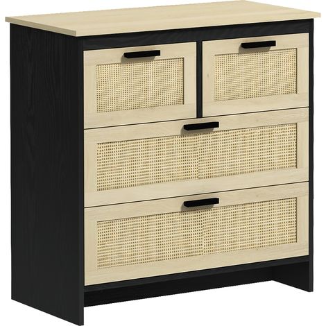 Cassettiera 4 Cassetti in Truciolato e Rattan per Soggiorno e Camera da Letto, 80x38x80 cm