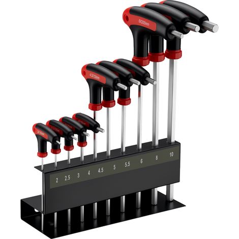 Wiltec Innensechskantschlüsselsatz 11tlg. 2-10mm mit 15-28cm Länge und thermoplastischen Gummigriffen in T-Form, Innensechskant Winkelschlüssel Satz