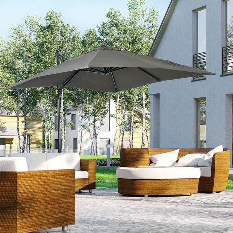 Parasol déporté carré inclinable, manivelle, pied acier, dim. 2,5x2,5 m, aluminium polyester, gris (1/4)