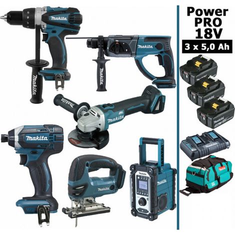 Pack Makita Power PRO 6 outils 18V: DDF458 + DHR202 + DGA504 + DTD152 + DJV180 + DMR108 + 3 batt 5Ah + sac (1/5)