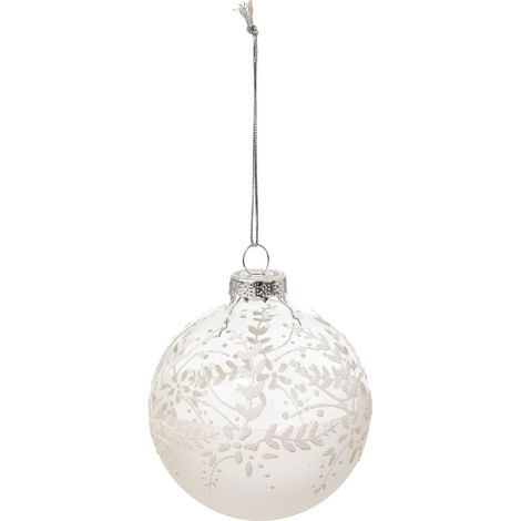 Déco Sapin Boule de Noël en Verre D 8 cm blanc décor fleur et branche - Feeric Christmas