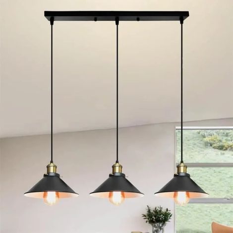 U-Do Suspension Luminaire Vintage 3 Têtes Lustre Cage en Métal Lampe Longue Pôle Noir décoration Chambre Cuisine (1/4)