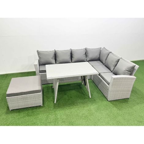 Fimous 7 Seater Garden Outdoor Rattan Furniture Set Rattan Corner Sofa Oblong Dining Table Set with Big Footstool Light Grey Mixed (1/4)