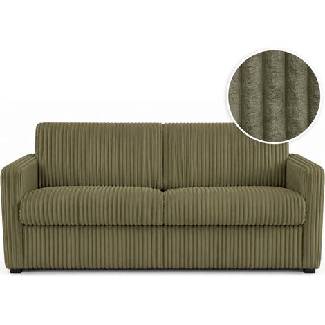 Canapé convertible couchage express AGATHE 3places en velours côtelé vert kaki - Couchage 140x190cm