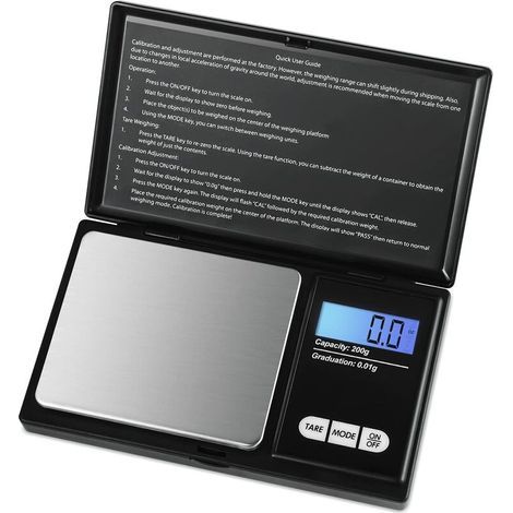 Balanza de precisión de 0,01 g, 200 g/0,01 g, balanza de bolsillo con pantalla LCD, balanza pequeña para joyería, balanza de cocina, balanza de precisión con función de tara, acero inoxidable (negro). (1/5)