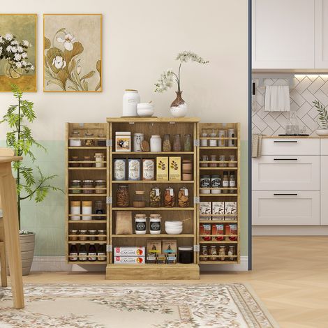 Armoire à garde-manger 60x30x104cm de cuisine avec 2 portes en rotin et 16 étagères, moderne avec réglables naturelles