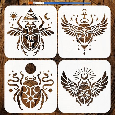4 Pcs Pochoirs de Peinture Scarabées Égyptiens avec 1 Pinceau Plastique 15x15cm 4 Styles de Pochoirs de Motif Scarabée pour Peinture sur Bois Mur Meuble DIY Décoration Maison (1/5)
