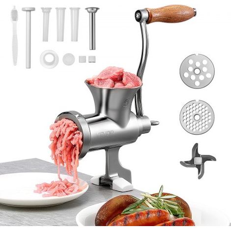 Picadora de Carne Manual de Acero Inoxidable 304 con Manivela y Abrazadera de Acero para Mesa Máquina para Moler Carne con 2 Placas de Corte y 4 Tubos Ideal para Carne de Res, Restaurante (1/5)