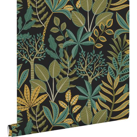 papier peint feuilles turquoise et vert olive grisé  - ESTAhome (1/5)