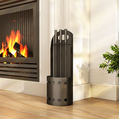 Ensemble serviteur de cheminée 4 pièces, accessoire outils cheminee avec balai pelle tisonnier et support, en métal noirAccessoire de cheminée et poêle (1/5)