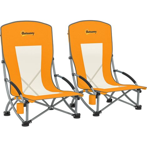 Lot 2 chaises plage pliantes camping légères sac transport porte-gobelet 70x58x79 cm orange