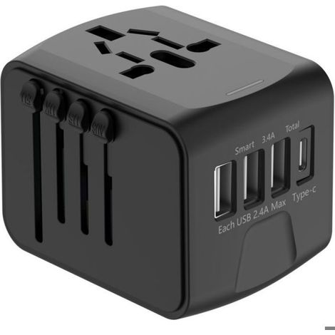 Adaptateur Voyage Universel - 1500 W - Compatible Prises EU UK AU US - 3 USB A + 1 USB C - Pour Voyages Internationaux - 1 Pièce (1/5)