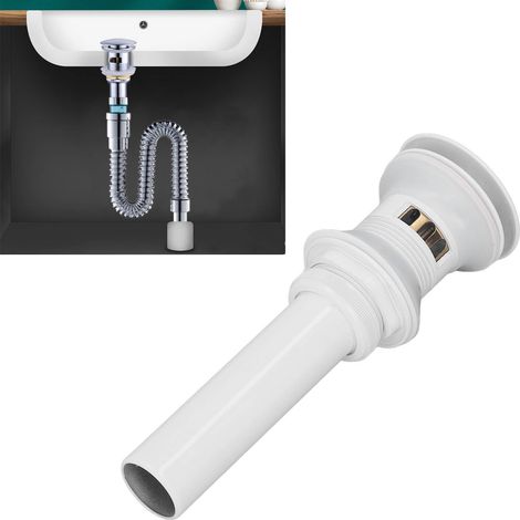 Bonde de lavabo blanche avec grande bonde escamotable à bouton-poussoir, tuyau d'évacuation anti-odeurs pour lavabo de salle de bain avec trou de réparation de fuite. (1/5)
