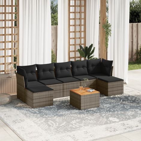 Ensemble de salon de jardin 8 places en résine tressée grise avec coussins - Table acacia, 2 canapés d'angle, 3 centraux, 2 repose-pieds (1/3)