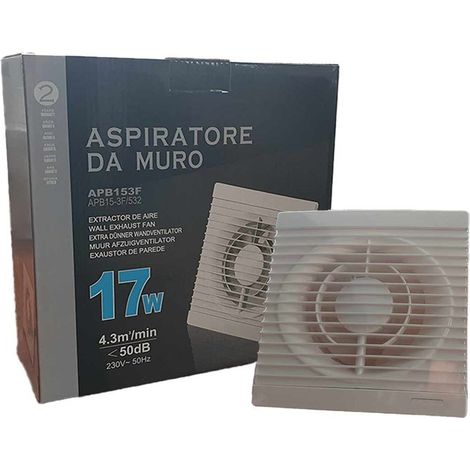 Ventola Aspirazione 17W 258m3/h 50dB, Aspiratore da Muro per Bagno Cucina 230V 50Hz, Estrattore d'Aria 24x24x9,5cm, Diametro Scarico 15cm