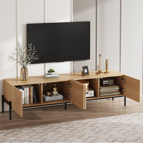 Mueble TV 163.5x40x45 cm, 4 puertas, textura 3D geométrica, apertura push, MDF color natural (1/5)