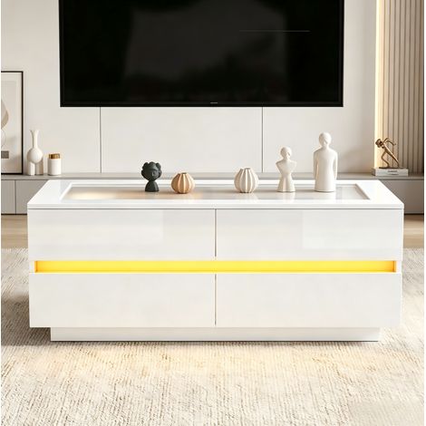 Table basse 100x50x40 cm avec 4 tiroirs LED, plateau en verre trempé, structure stable en panneaux - blanc (1/5)