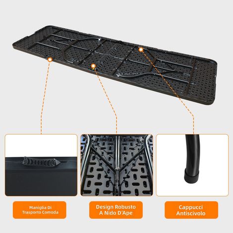 Tavolo pieghevole portatile 244 cm resistente con maniglia, per campeggio picnic feste interno esterno, capacità 135 kg, multifunzionale in plastica nera (1/5)