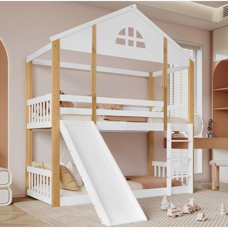 Litera infantil 175,5/205,5/204 cm blanco y natural de madera maciza y MDF con tobogán y escalera reversible (1/5)