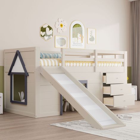 Cama alta infantil de madera crema 90x200 cm con tobogán, 3 cajones, 2 puertas y somier de láminas (1/5)