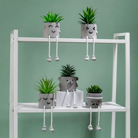 Adornos artificiales de plantas suculentas en macetas con patas, macetas con expresión facial (PVC + cemento, 29 cm de altura). (1/4)