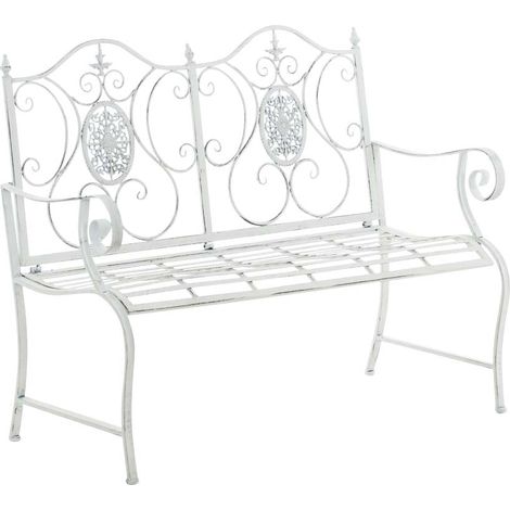 Banc de jardin balcon terrasse style rustique largeur 116 cm en métal blanc vieilli 100002924