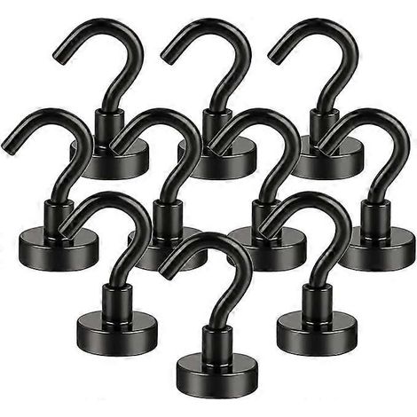 Crochets magnétiques, lot de 10 aimants néodyme, aimants ultra-puissants avec crochets pour cuisine, bureau, casiers, réfrigérateur (noir) (1/5)