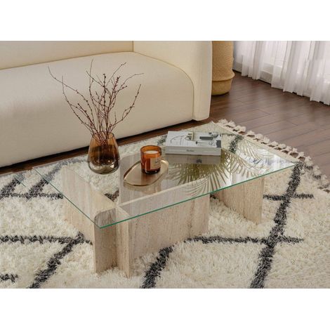 Dmora - Wohnzimmertisch Rhysand, Niedriger Wohnzimmertisch, Kaffeeregal, Couchtisch für Sofa, 105x65 h30 cm, Beige und Marmor (1/5)