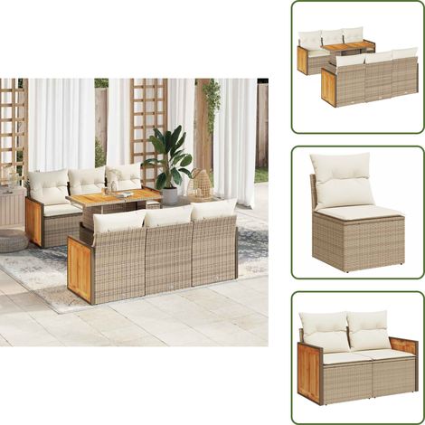 7-tlg. Garten-Sofagarnitur mit Kissen Beige Poly Rattan Akazie - Gartensofa Set - Garten Sofa Set - Outdoor Sofa Set - Garten Sofagarnitur (1/5)