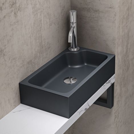 doporro Lavabo Vasque à Poser Lave Mains en Solid Surface Colossum 101 Rectangulaire Gris Noir Mat pour Toilettes invitées 46x26x11 cm (1/5)