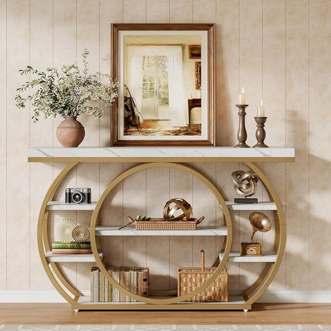 Table console avec socle circulaire, table d'entrée étroite, 120 x 30 x 80 cm, étagère de rangement à 4 étages, rustique (1/5)