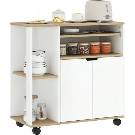 ELVMI Carro de Cocina con Ruedas, 2 Puertas, Estante Ajustable, Cocina, Madera, 80x40x82 cm, Natural Blanco (1/5)