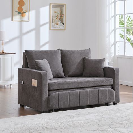 Cama abatible 136/200 cm en chenilla gris con 4 cojines y bolsillo lateral, compacta y cómoda (1/5)