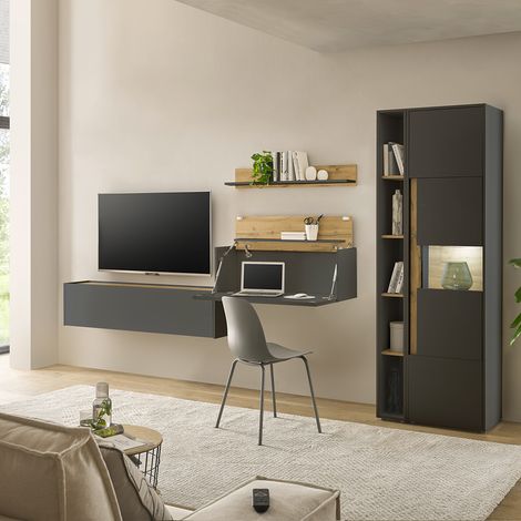Wohnwand anthrazit mit Eiche CRISP-61 modern 5-teilig mit Homeoffice-Lösung (1/5)