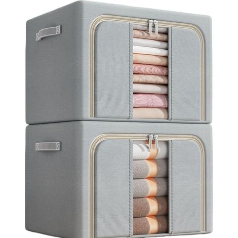 Set of 2 foldable storage boxes for clothes, 24 L, 40 x 30 x 20 cm (single and double window, light grey) (1/5)