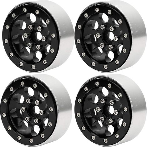 Ensemble de Moyeux de Roue RC Robustes en Alliage D'aluminium pour Mise à Niveau de stabilité de Voiture RC 1:10 pour SCX10 SCX10 II 90046, 1,9 Pouces, Blanc argenté, 4 Pièces (Roues Noires + (1/4)