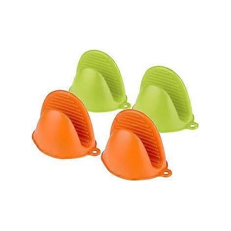 Gants de cuisine en silicone, lot de 4 (vert + orange), maniques de cuisine en silicone, mini maniques de four résistantes à la chaleur (1/4)