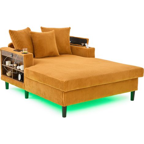 Chaiselongue en velours côtelé moutarde avec LED, porte-gobelets, rangement, port USB et 3 coussins, grand confort pour salon moderne et pratique – CHICFURN (1/5)