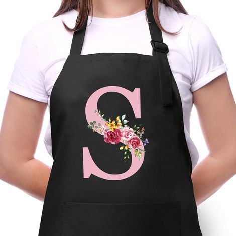 Tabliers de Cuisine Femme avec Initiale Fleur, Tablier Noir Réglable avec 2 Poches, Cadeaux pour Maman, Femme, Petite Amie, Anniversaire, Noël pour Cuisine, Jardinage, Restaurant, Barbecue Peinture S (1/5)