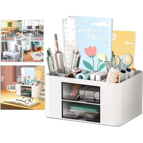 Organisateur de Bureau - Blanc - 5 Compartiments - 2 Tiroirs - Plastique Épais - Multifonctionnel (1/4)
