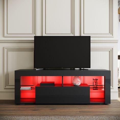 Sirhona – Meuble TV moderne noir 140cm avec éclairage LED – 2 compartiments ouverts – 1 porte push-to-open – Design minimaliste (1/5)