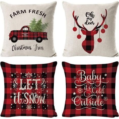 LangRay Décorations De Nol Pillow Covers 4 Pack, Arbre De Nol Flocon De Neige Renne Décor à La Maison Linen Coussins Taie d'oreiller Xmas Holiday Farmhouse Accueil Chambre Coussin Décoratif, 17,7 Pouc