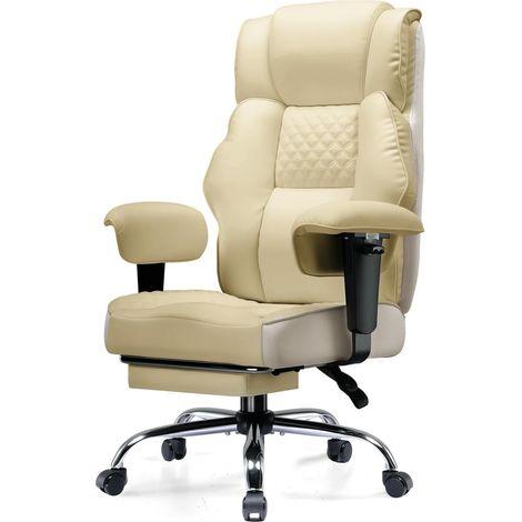 Chaise Gaming Ergonomique Large en Simili-Cuir, Ressorts Ensachés, Fauteuil Bureau Pivotant avec Repose-Pieds Réglable - Ivoire