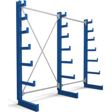 Rayonnage à bras en porte-à-faux STIER, simple, 2 travées avec 6 niveaux décroissants 2600x2000x500 mm, bleu gentiane